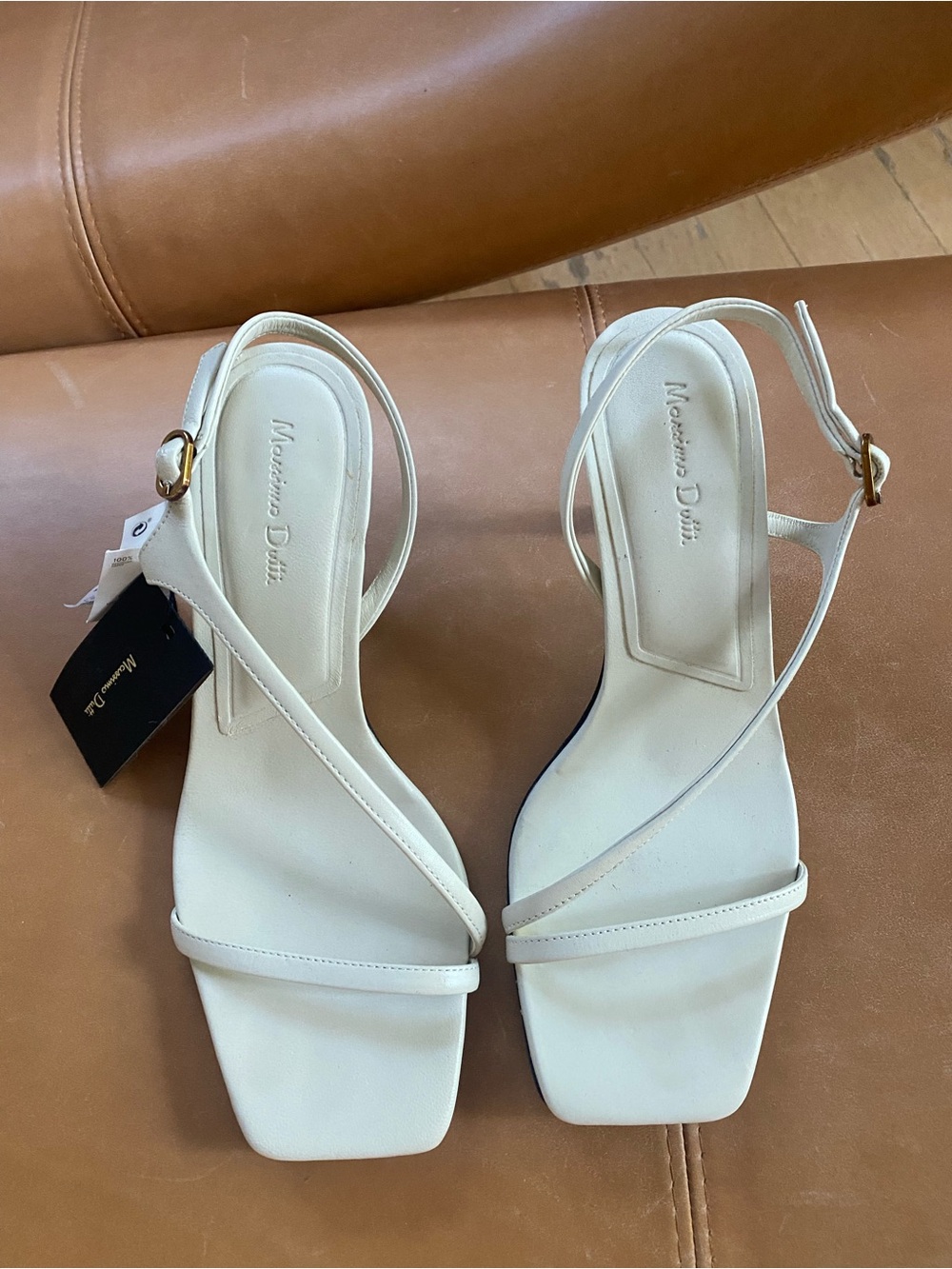 Massimo Dutti Leather Mid Heel Strappy Sandals /Cream/ Off-White – EU 39 / US 8